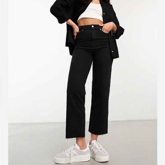 ASOS Black Highrise Tampered Waist Petite Straight Leg Jeans Cotton Size 24 - Picture 1 of 10